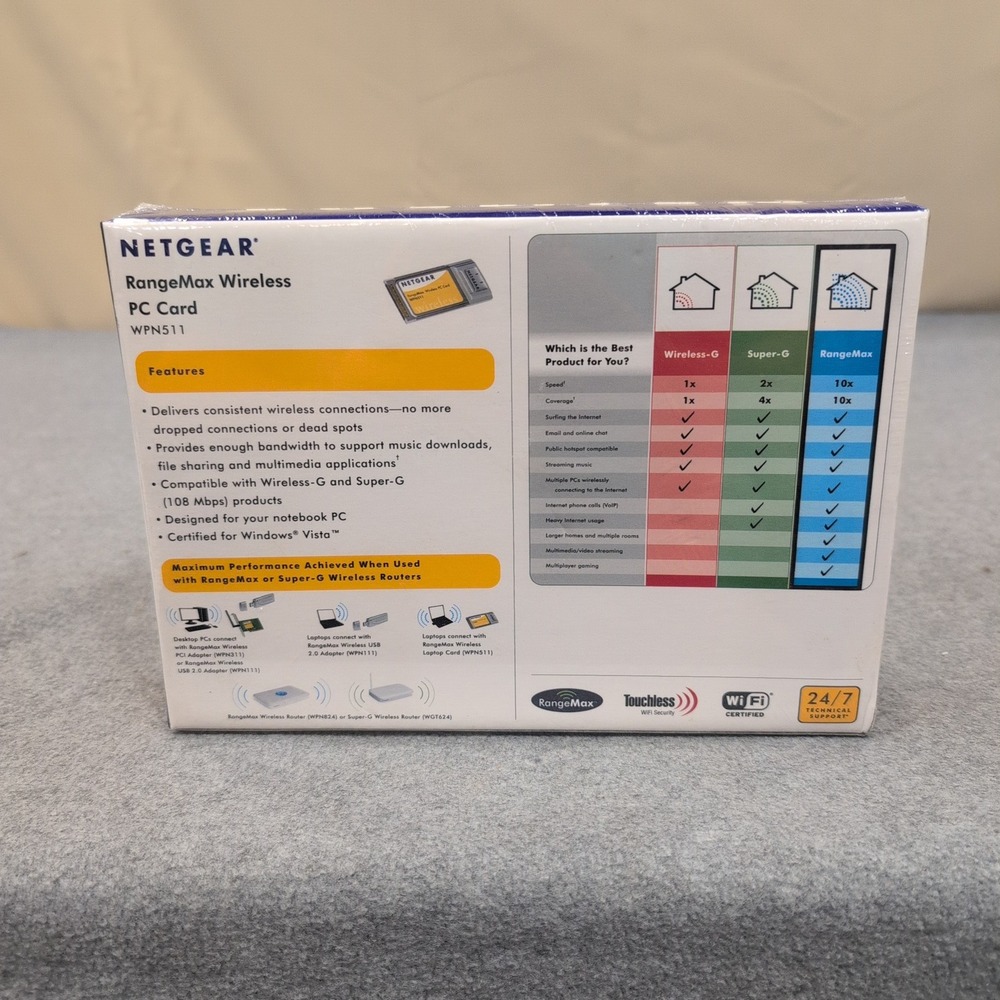 Netgear RangeMax Wireless PC Card WPN511 108 Mbps Laptop Adapter New Sealed - Picture 3 of 5